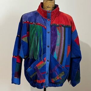 Vtg SFR Santa Fe Re-Creations MultiColor Patchwork Fringe Snap Jacket Women's M